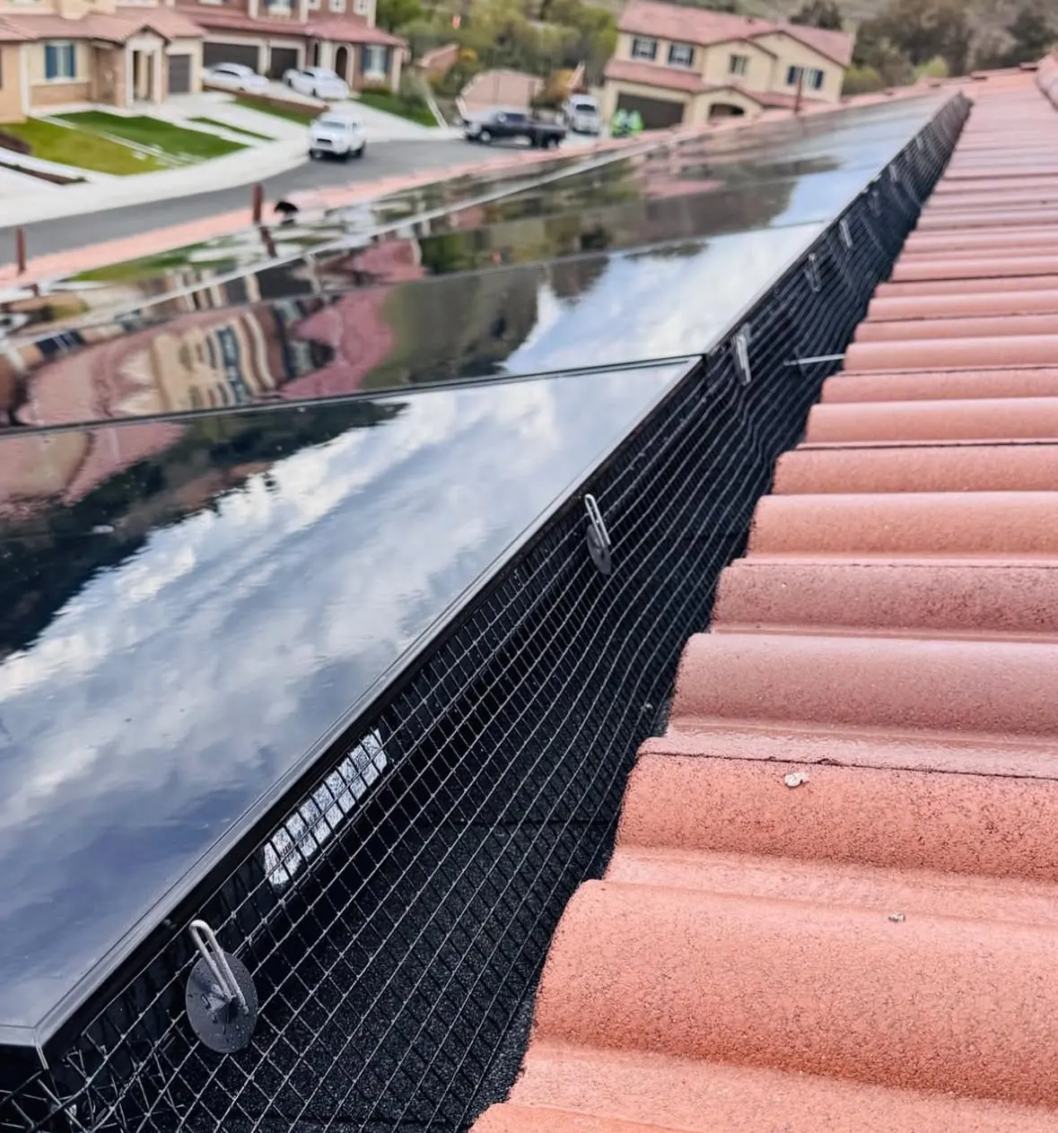 Bird guard mesh fitted along solar panels on a red tile roof