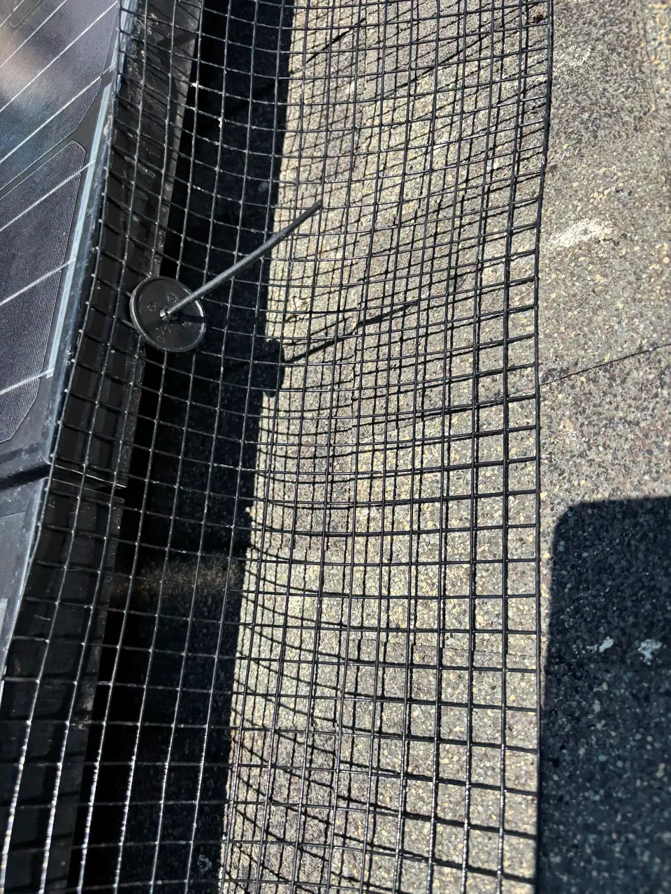 Close view of a mesh bird guard and fastener beside a solar panel frame