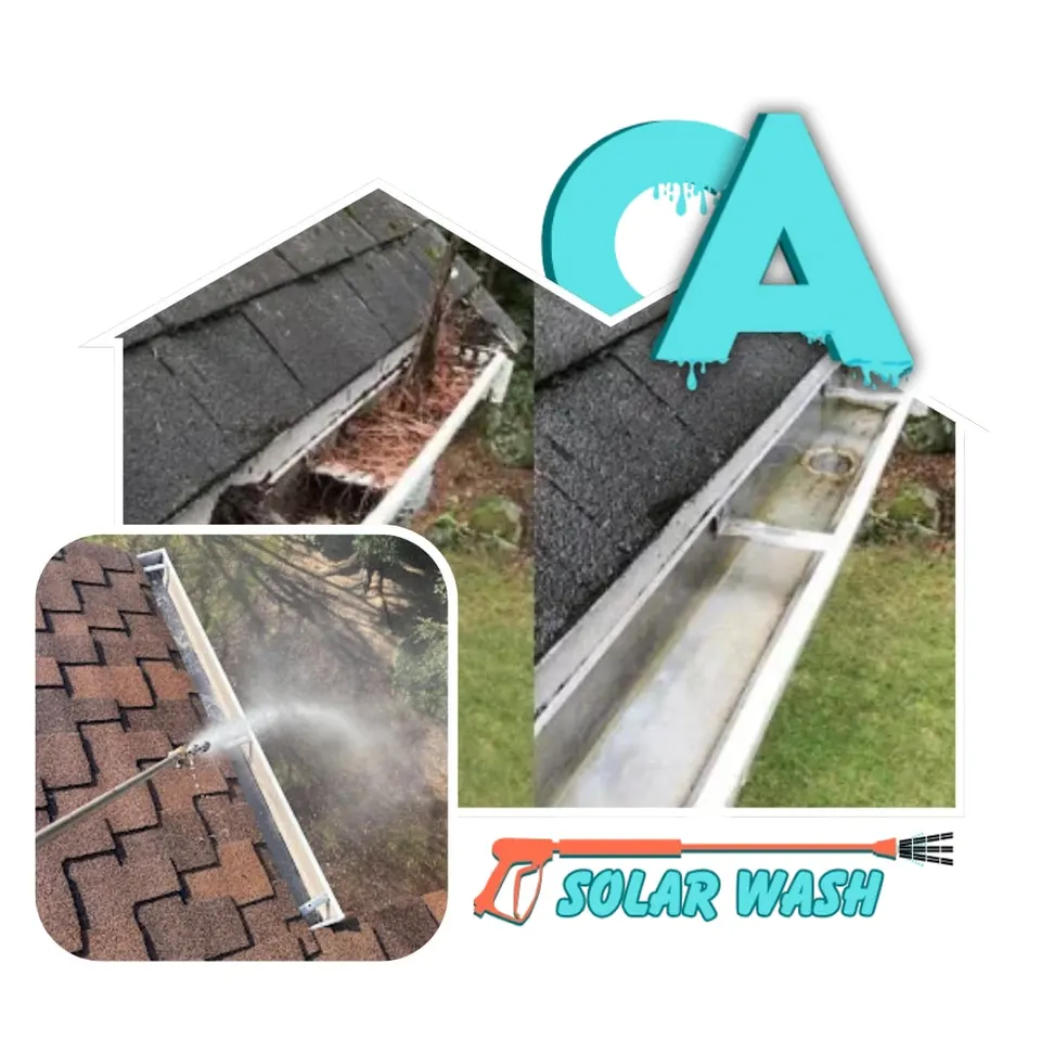 CA Solar Wash gutter service artwork showing gutter and downspout cleaning
