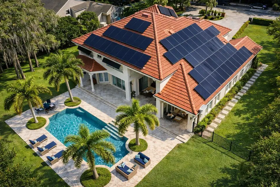 Aerial view of a tile roof with solar panels beside a backyard pool